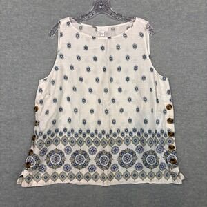 J. Jill Love Linen XL Petite White‎ Blue Medallion Print Side Button Tank Top
